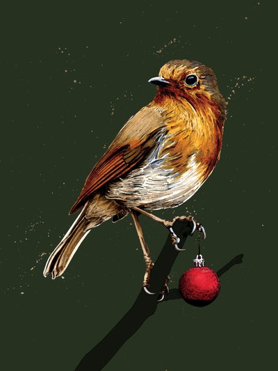 Weihnachts-Rotkehlchen auf Waldgrün, 2020 von Mike Davis