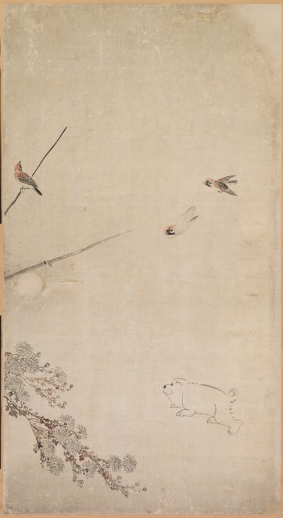 Welpen, Spatzen und Chrysanthemen von Nagasawa Rosetsu