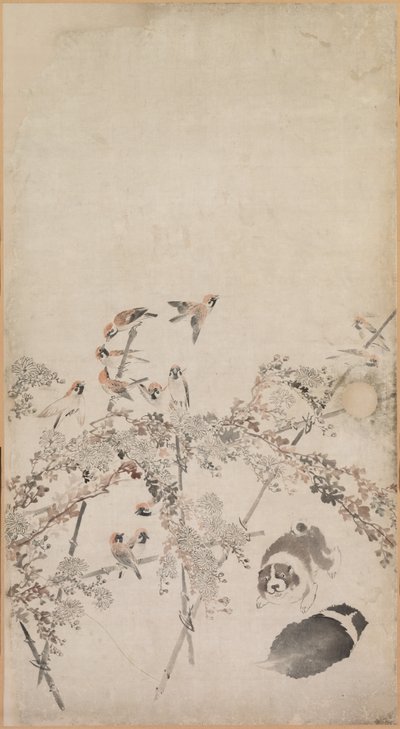 Welpen, Spatzen und Chrysanthemen, 1754-1799 von Nagasawa Rosetsu