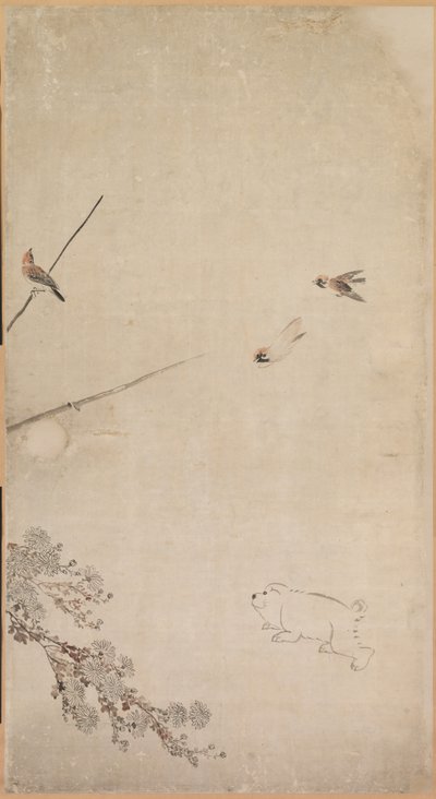 Welpen, Spatzen und Chrysanthemen, 1754-1799 von Nagasawa Rosetsu