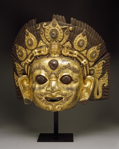 Maske von Bhairava (vergoldetes Kupfer-Repoussé und Edelsteine) von Nepalese School
