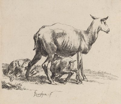 Mutterschaf säugt ihr Lamm von Nicolaes Berchem