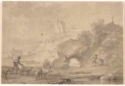 Schäfer und Fischer in einer südlichen Flusslandschaft von Nicolaes Berchem