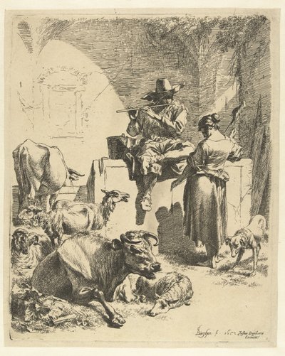 Flötenspielender Hirte und Spinnerin von Nicolaes Pietersz Berchem