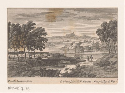 Landschaft mit Spaziergängern bei einer Steinbrücke von Nicolas Perelle