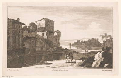 Flusslandschaft mit Ruine und Bogenbrücke von Nicolas Perelle