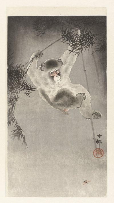 Affe, hängend an einem Bambuszweig von Ohara Koson