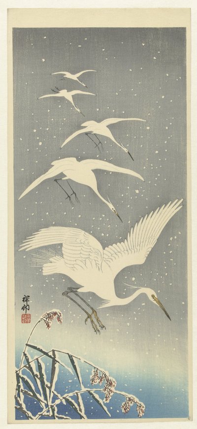 Absteigende Reiher im Schnee von Ohara Koson