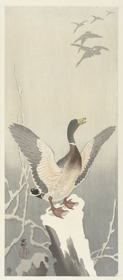 Ente auf verschneitem Baumstumpf von Ohara Koson