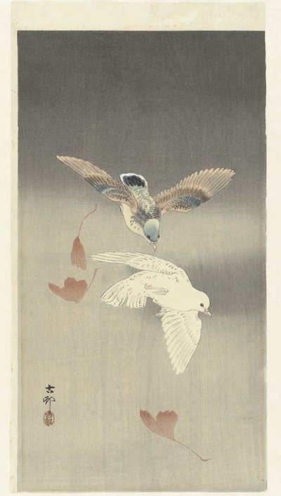 Zwei Tauben bei fallenden Ginkgo-Blättern von Ohara Koson
