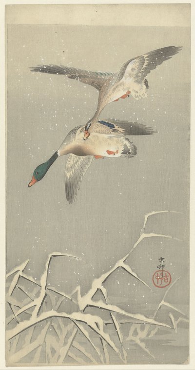 Zwei Wildenten im Flug von Ohara Koson
