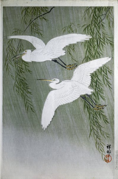 Zwei Reiher fliegen frei, 1907 (Farbholzschnitt) von Ohara Koson