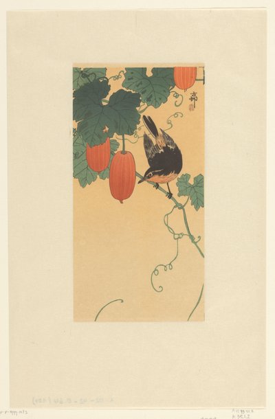 Singvogel auf Pflanze mit roten Früchten von Ohara Koson