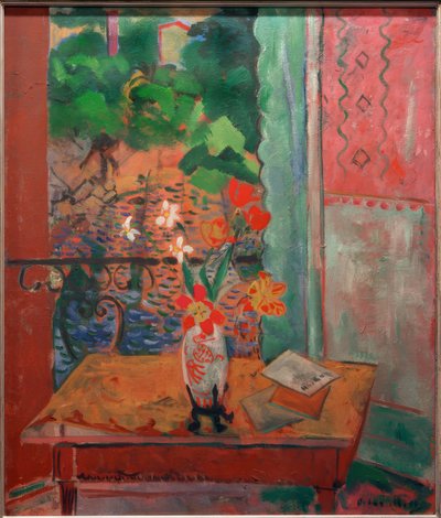 Blumenstrauß vor geöffneter Balkontür von Oskar Moll