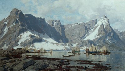 Verschneite Landschaft von Reine, Lofoten von Otto Ludvig Sinding