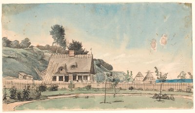 Küstenlandschaft mit strohgedeckten Häusern von P.C. Skovgaard