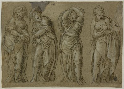 Vier stehende, drapierte weibliche Figuren von Paolo Farinati
