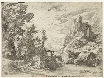 Flusslandschaft in Kampanien mit Stadt auf Felsen von Paul Bril