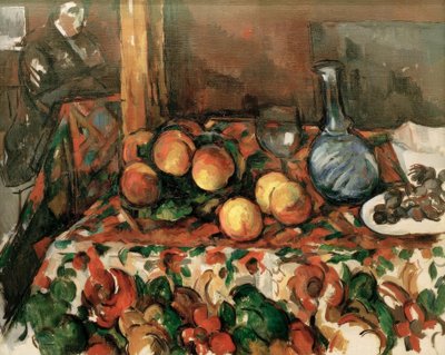 Pfirsiche, Karaffe und Figur von Paul Cézanne