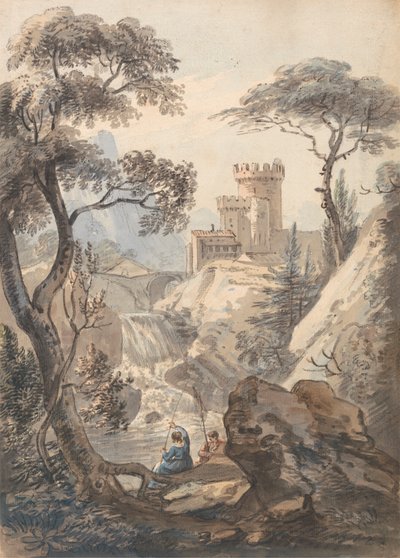 Italienische Landschaft mit Schloss, Wasserfall und Anglern von Paul Sandby