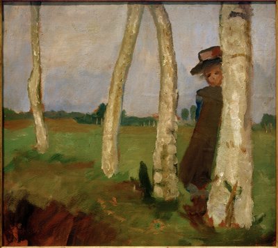 Mädchen mit Hut zwischen Birkenstämmen von Paula Modersohn Becker