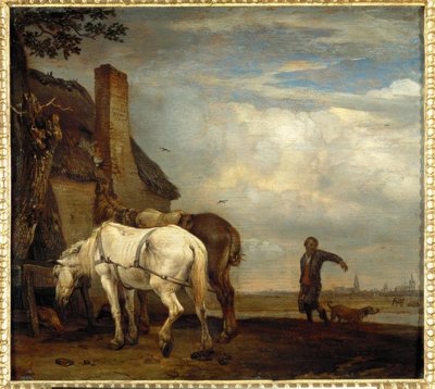 Zwei Pferde vor einer Bauernhütte von Paulus Potter