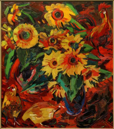 Stillleben mit Sonnenblumen und Hühnern von Peter August Böckstiegel