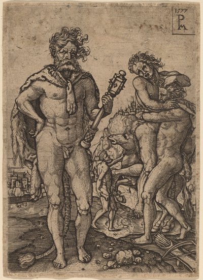 Herkules und Antäus von Peter Maes after Heinrich Aldegrever