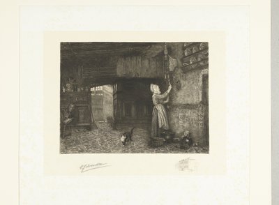 Frau zieht eine Wanduhr auf von Petrus Johannes Arendzen