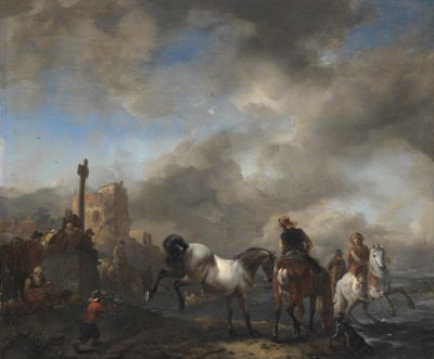 Pferdeteich nahe einem Grenzstein von Philips Wouwerman