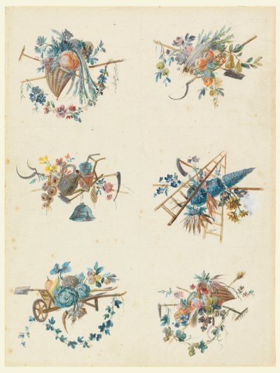 Sechs Trophäen mit den Attributen der Gartenarbeit von Pierre Ranson