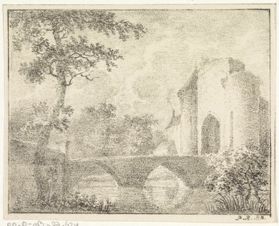 Burg mit Brücke in einer Landschaft von Pieter Bartholomeusz. Barbiers