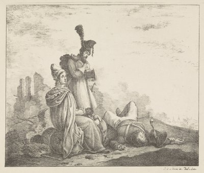 Trauernde Gesellschaft bei totem Soldaten von Pieter Bartholomeusz. Barbiers
