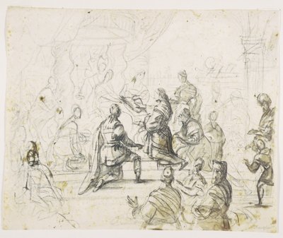 Figuren knien vor einem König auf dem Thron von Pieter Isaacsz