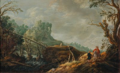 Flusslandschaft mit Holzbrücke und Ruine von Pieter Jansz van Asch
