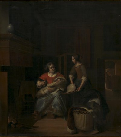 Eine Hausfrau unterweist ihre Magd von Pieter de Hooch