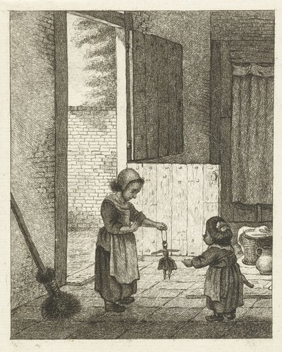 Zwei Mädchen spielen mit einer Puppe von Pieter de Mare