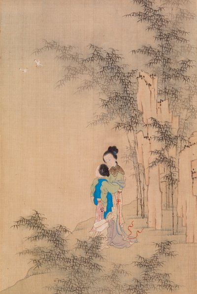 Zwei Figuren, die sich in der Landschaft umarmen von Qiu Ying