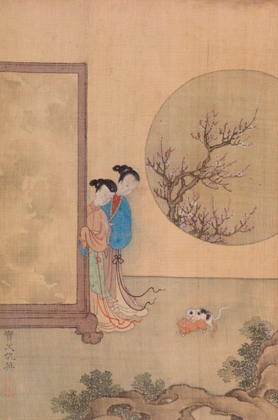 Zwei Mädchen hinter einem Schirm und zwei Katzen von Qiu Ying