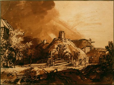 Häuser unter gewittrigem Himmel von Rembrandt van Rijn