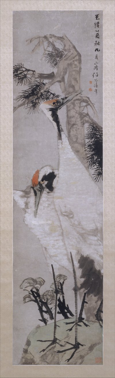 Kraniche, Kiefer und Flechten, datiert 1885 von Ren Yi
