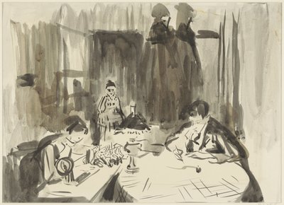 Interieur mit drei Figuren bei Lampenlicht von Rik Wouters
