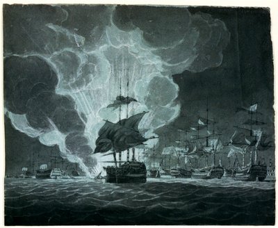 Flotte mit einem brennenden Schiff von Robert Cleveley