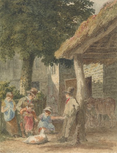Kinder mit einem Hund im Bauernhof von Robert Hills