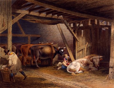 Kuhstall (handkolorierte Aquatinta) von Robert Hills