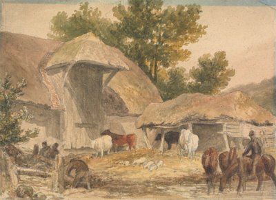 Bauernhof mit wartenden Pferden von Robert Hills