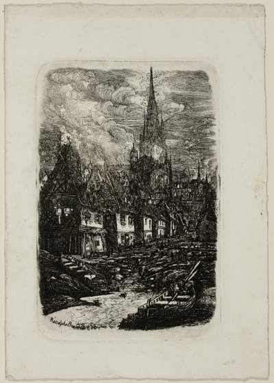 Fischerhafen mit spitzem Glockenturm von Rodolphe Bresdin