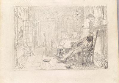 Mann in Fauteuil und Tod bei Türe von Rudolf Hausleithner