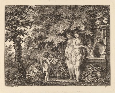 Eros mit drei Mädchen an einem Brunnen von Salomon Gessner