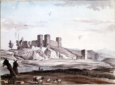 Burg Rhuddlan von der Brücke aus von Samuel Hieronymous Grimm